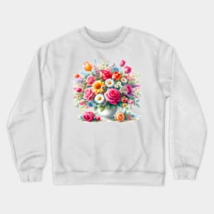 Colorful Vase of Flowers Painting Daisies and Roses Art Crewneck Sweatshirt